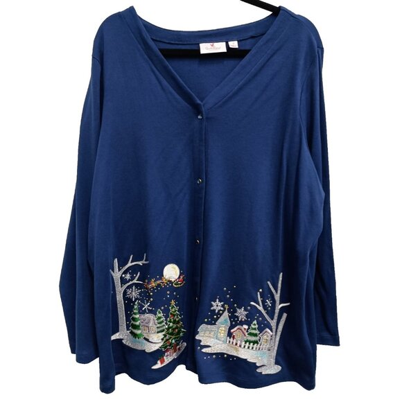 Quacker Factory Sweaters - Quacker Factory Womens Christmas Cardigan Sz 1X Blue Embroidered Wearable Art